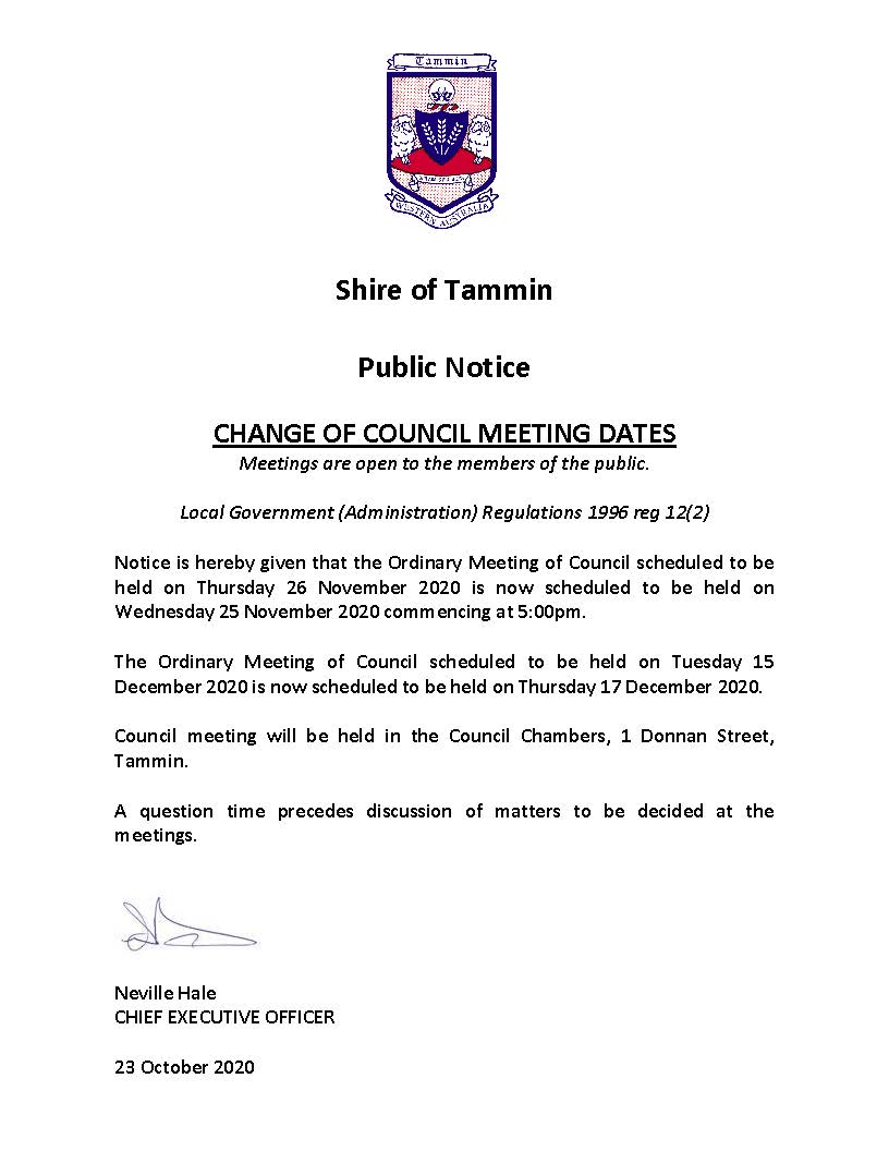 Change of Council Meeting dates 