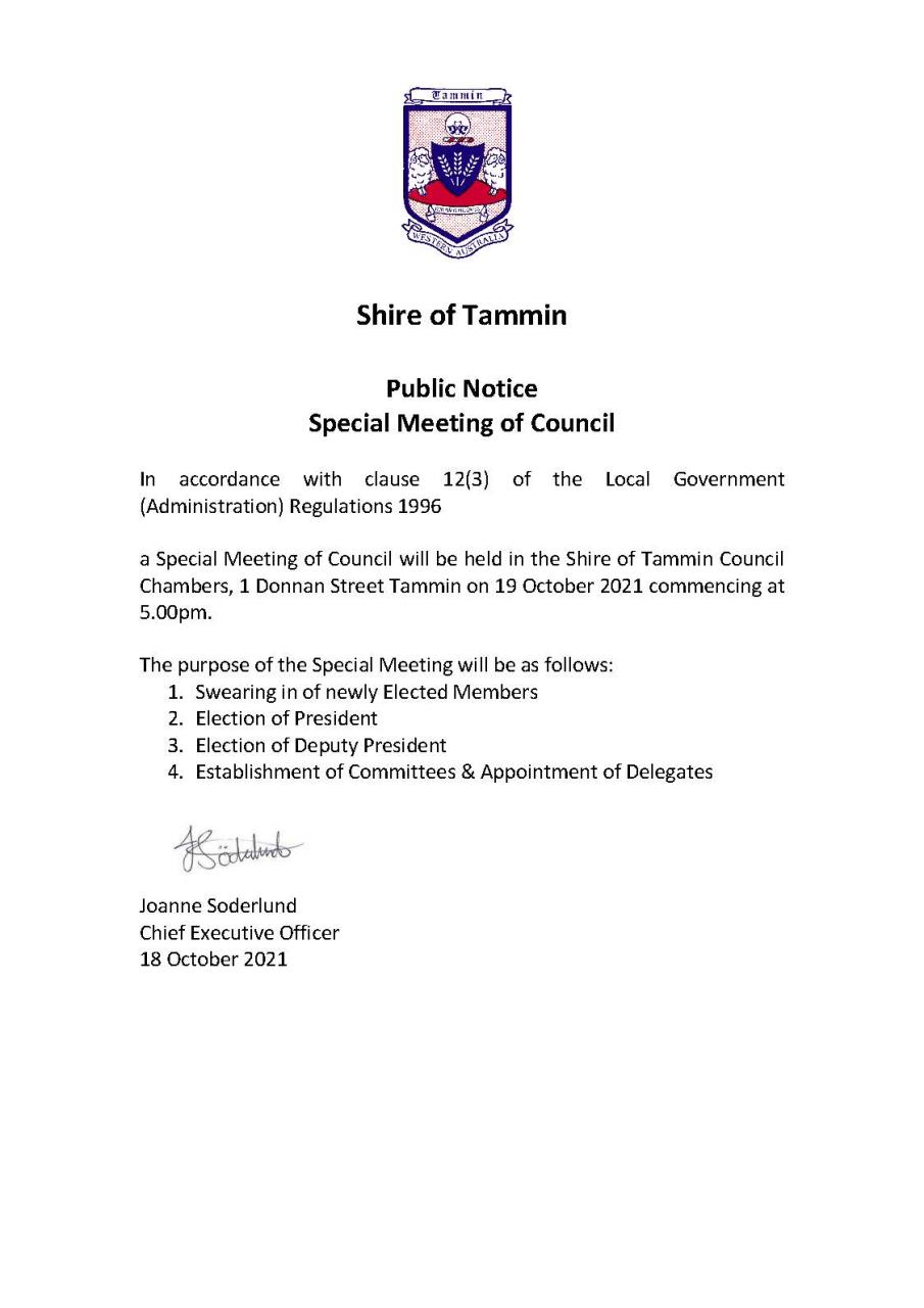 Public Notice - Special Council Meeting 19.10.2021