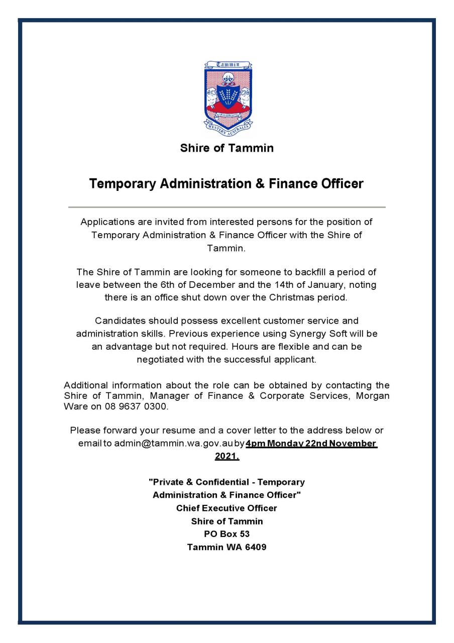 Temporary Admin & Finance Officer Position 