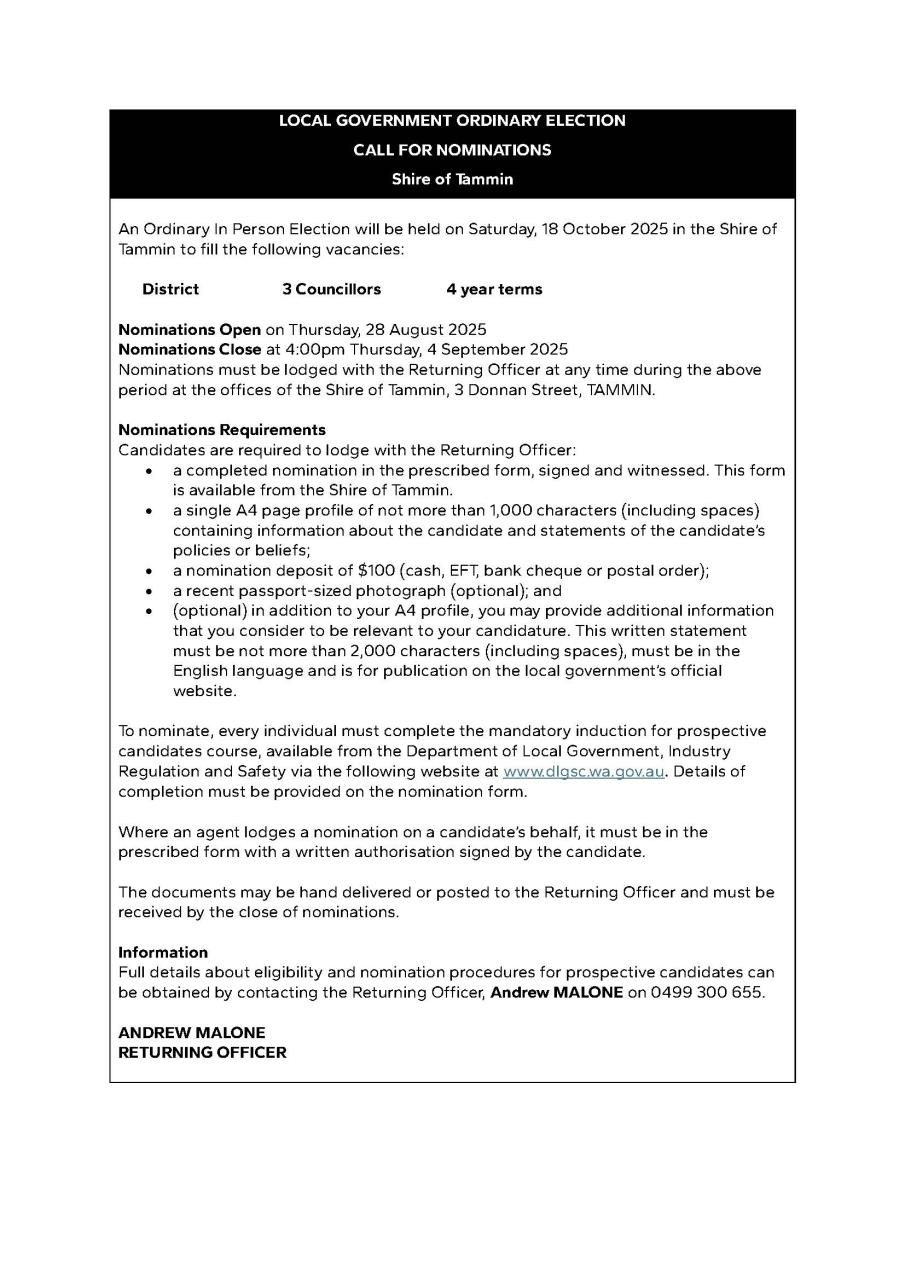 Public Notice - Local Government Ordinary Election, Call for Nominations