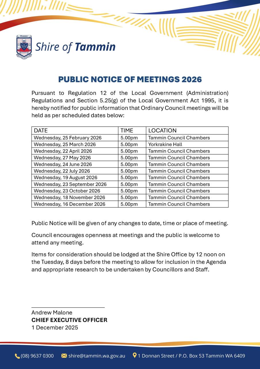Public Notice - Ordinary Council Meeting Dates 2026
